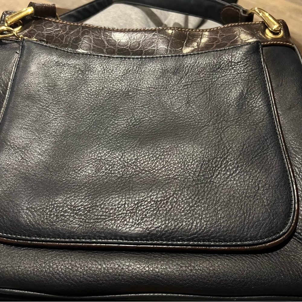 Carriage House Black Leather Handbag with Brown and Gold Accents